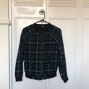 Adorable blue and green plaid bomber jacket!